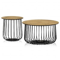 Set 2 ks stolků,pr.60x34, pr.37x39 cm, deska MDF, 3D dekor divoký dub, kovová drátěná podnož, černý mat AF-3007 OAK